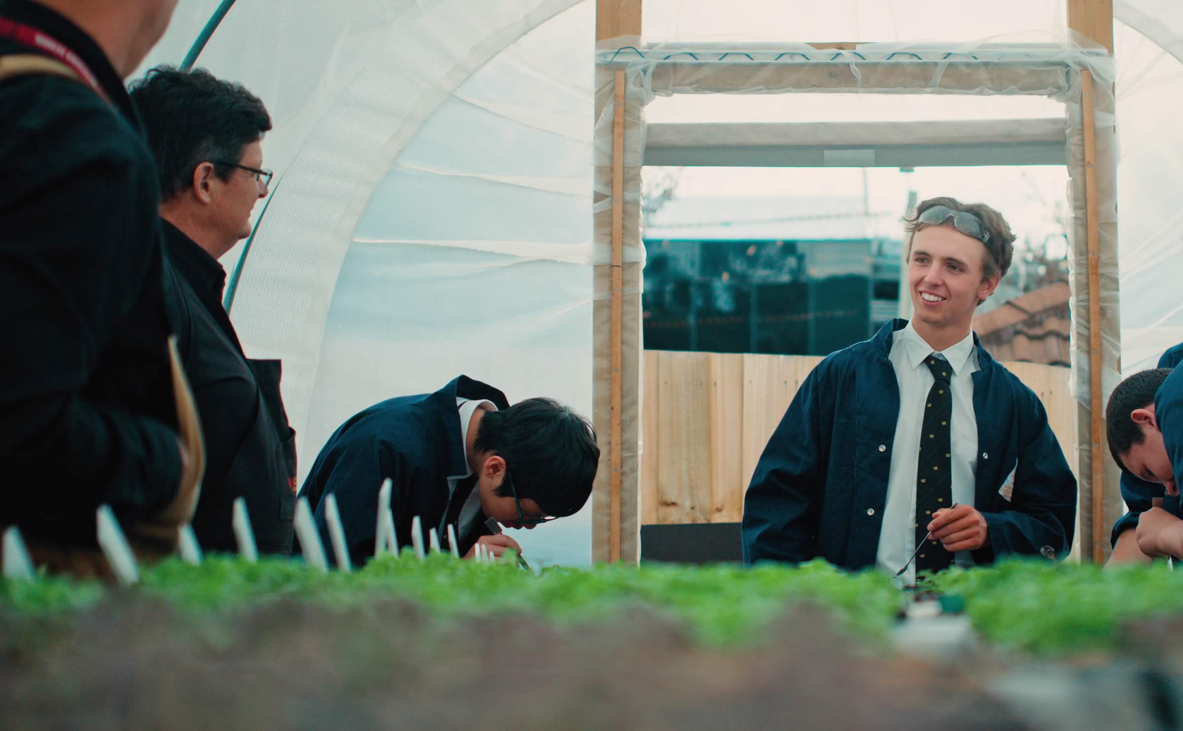 Agriculutal Enterprise teachers and Mr Kent Moore in the poly tunnel in the ‘plot’. Image: Angus Ashton.